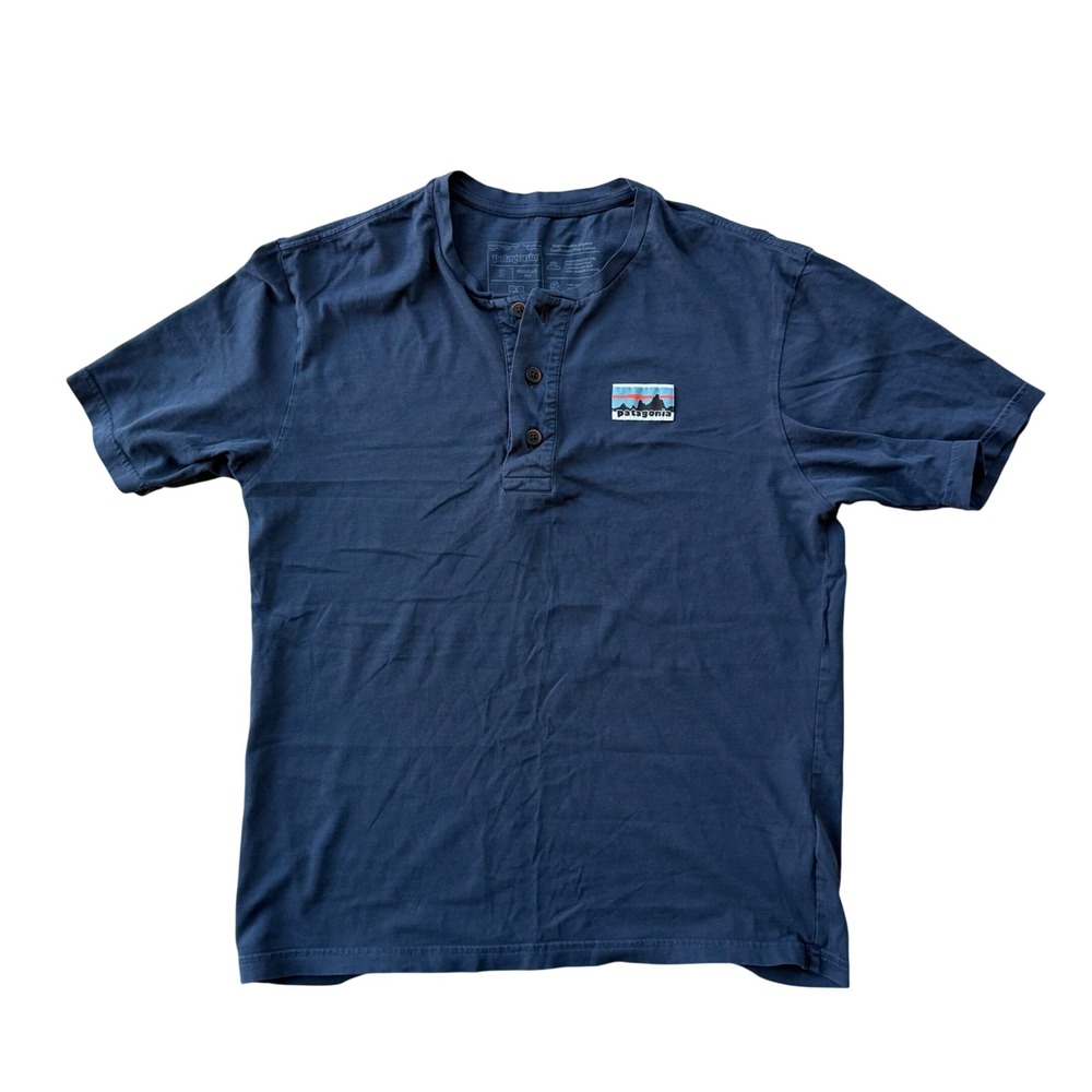 Patagonia Organic Cotton Henley Shirt Mens Small Navy Blue Short Sleeve Logo